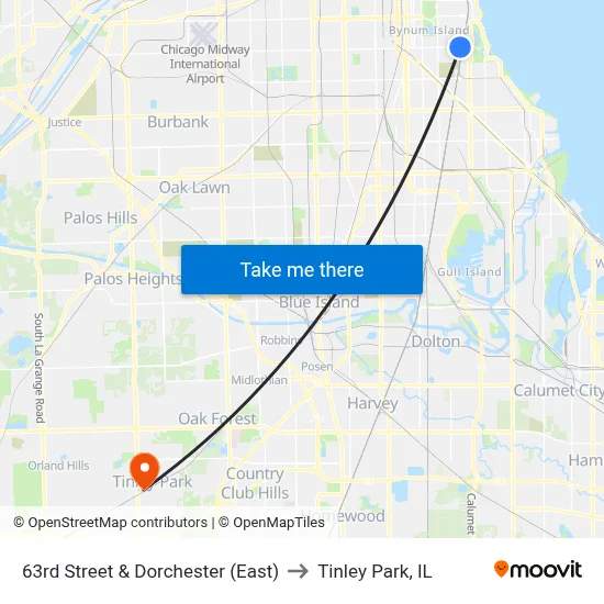 63rd Street & Dorchester (East) to Tinley Park, IL map