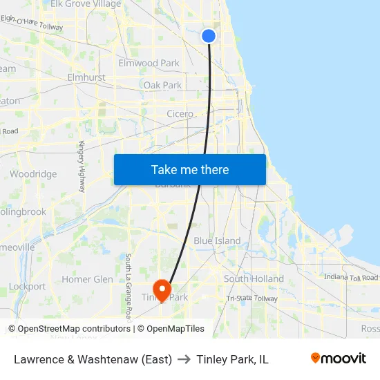 Lawrence & Washtenaw (East) to Tinley Park, IL map
