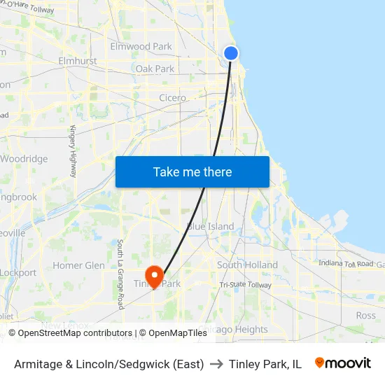 Armitage & Lincoln/Sedgwick (East) to Tinley Park, IL map