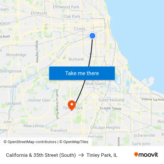 California & 35th Street (South) to Tinley Park, IL map