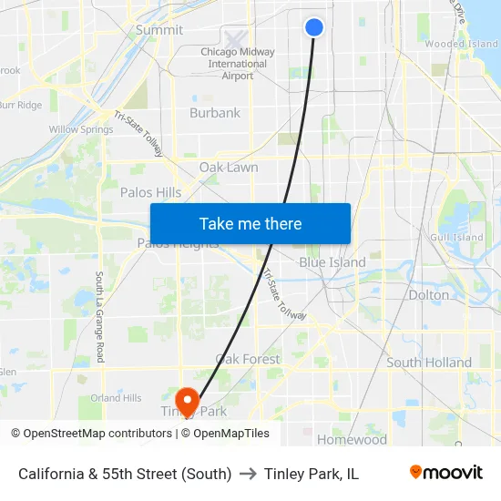 California & 55th Street (South) to Tinley Park, IL map