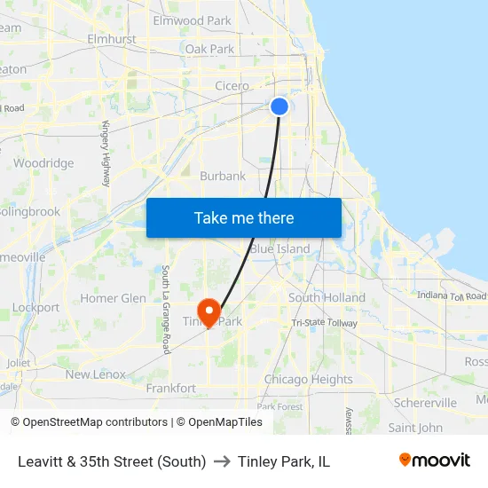 Leavitt & 35th Street (South) to Tinley Park, IL map