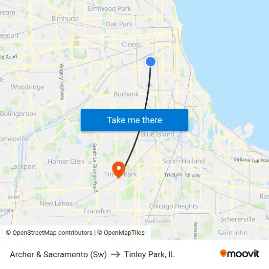 Archer & Sacramento (Sw) to Tinley Park, IL map