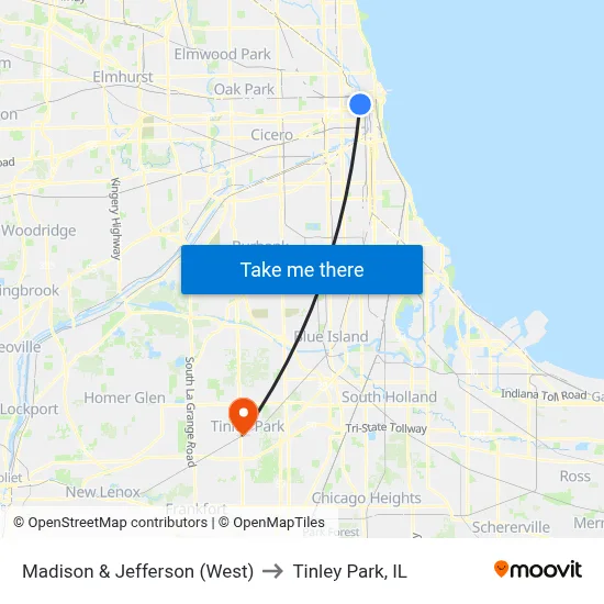 Madison & Jefferson (West) to Tinley Park, IL map
