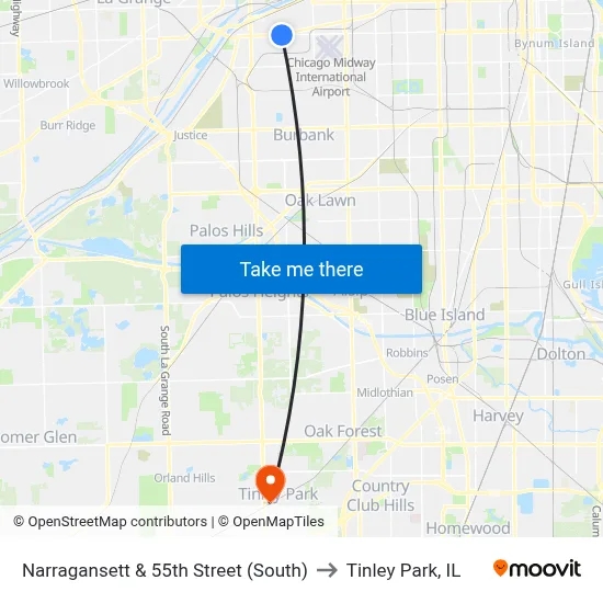 Narragansett & 55th Street (South) to Tinley Park, IL map