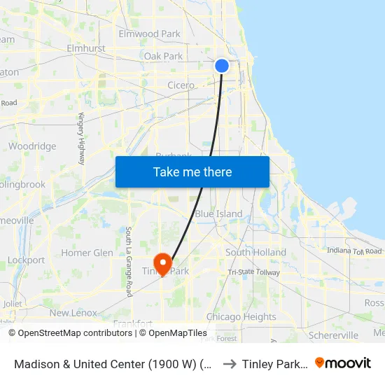 Madison & United Center (1900 W) (West) to Tinley Park, IL map