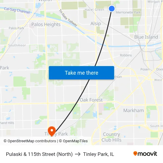 Pulaski & 115th Street (North) to Tinley Park, IL map