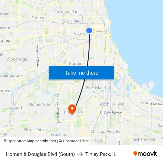 Homan & Douglas Blvd (South) to Tinley Park, IL map