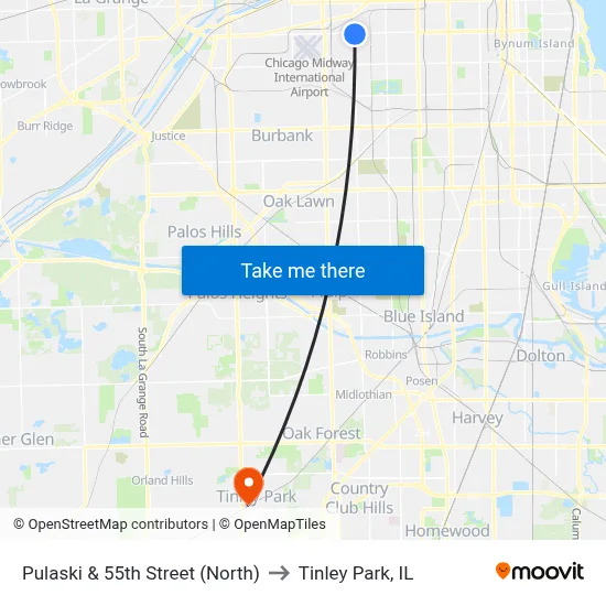 Pulaski & 55th Street (North) to Tinley Park, IL map
