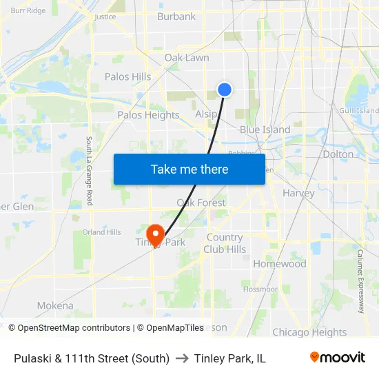 Pulaski & 111th Street (South) to Tinley Park, IL map