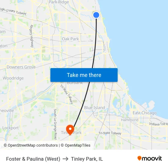Foster & Paulina (West) to Tinley Park, IL map