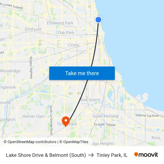 Lake Shore Drive & Belmont (South) to Tinley Park, IL map