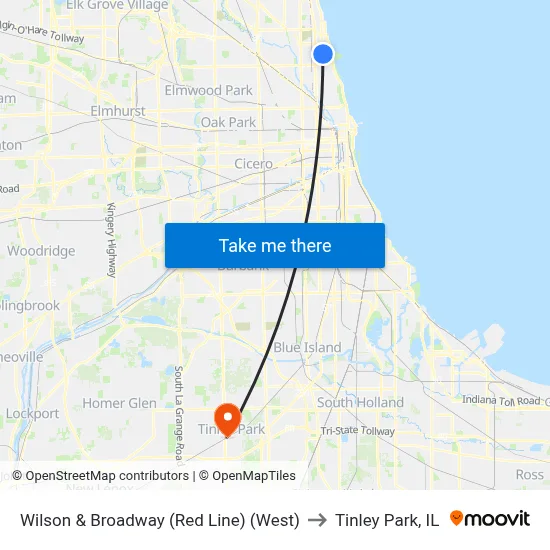 Wilson & Broadway (Red Line) (West) to Tinley Park, IL map