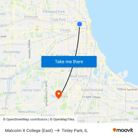 Malcolm X College (East) to Tinley Park, IL map