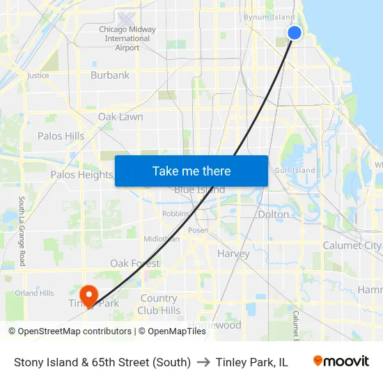 Stony Island & 65th Street (South) to Tinley Park, IL map
