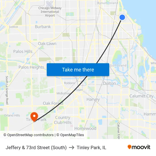 Jeffery & 73rd Street (South) to Tinley Park, IL map