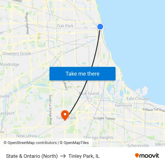 State & Ontario (North) to Tinley Park, IL map