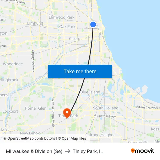 Milwaukee & Division (Se) to Tinley Park, IL map