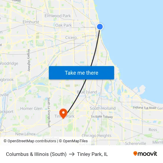 Columbus & Illinois (South) to Tinley Park, IL map