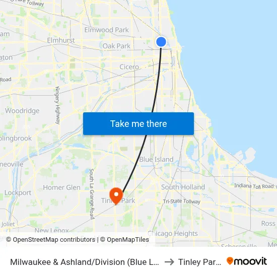Milwaukee & Ashland/Division (Blue Line) (Nw) to Tinley Park, IL map
