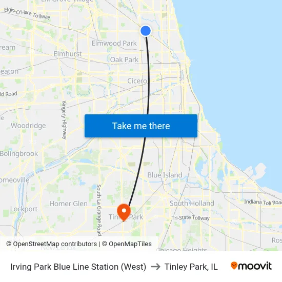 Irving Park Blue Line Station (West) to Tinley Park, IL map