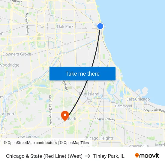 Chicago & State (Red Line) (West) to Tinley Park, IL map