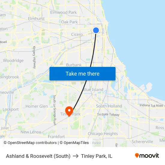Ashland & Roosevelt (South) to Tinley Park, IL map