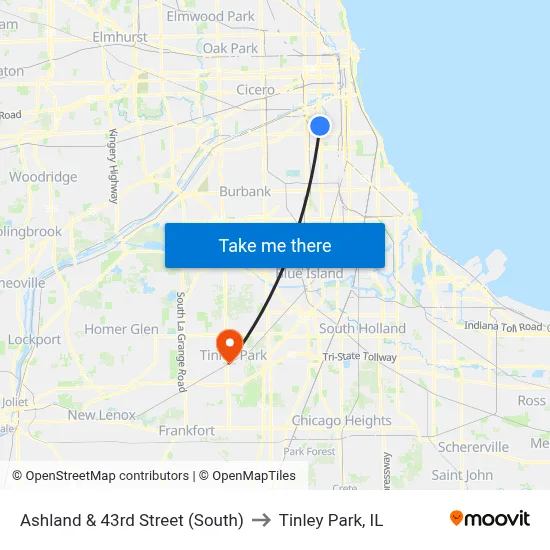 Ashland & 43rd Street (South) to Tinley Park, IL map