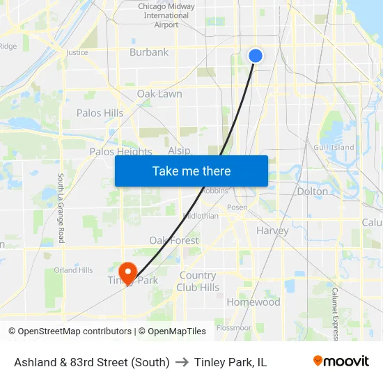 Ashland & 83rd Street (South) to Tinley Park, IL map