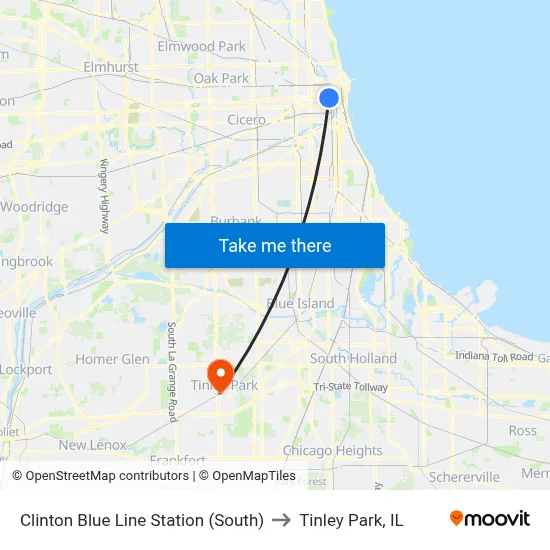 Clinton Blue Line Station (South) to Tinley Park, IL map