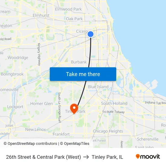 26th Street & Central Park (West) to Tinley Park, IL map