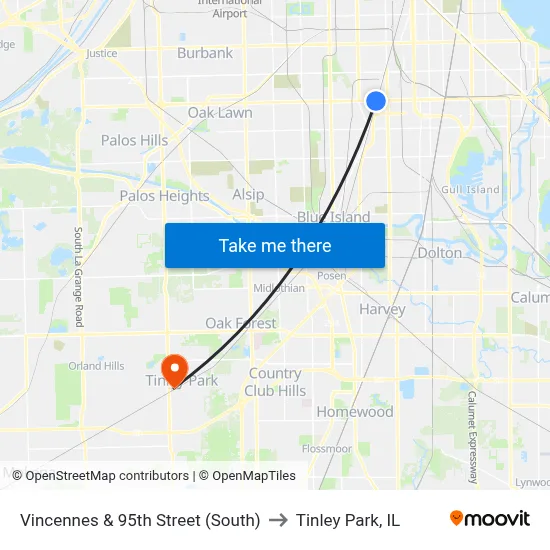 Vincennes & 95th Street (South) to Tinley Park, IL map