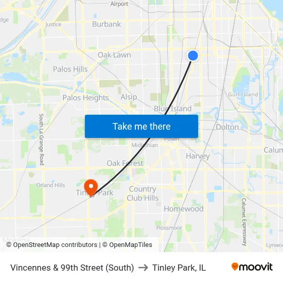 Vincennes & 99th Street (South) to Tinley Park, IL map