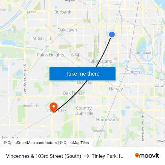 Vincennes & 103rd Street (South) to Tinley Park, IL map