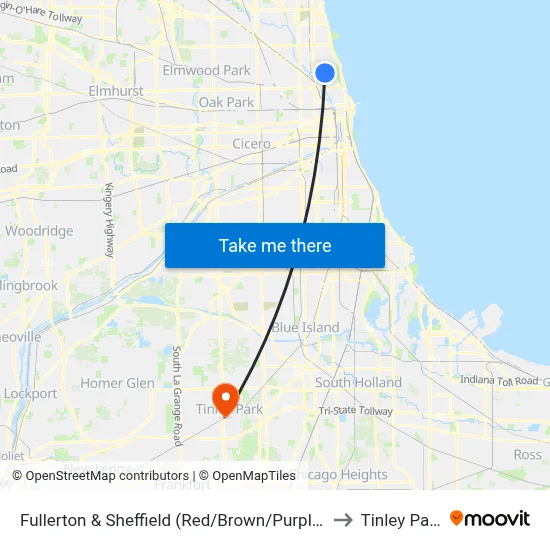 Fullerton & Sheffield (Red/Brown/Purple Line) (East) to Tinley Park, IL map