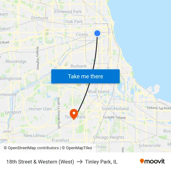18th Street & Western (West) to Tinley Park, IL map
