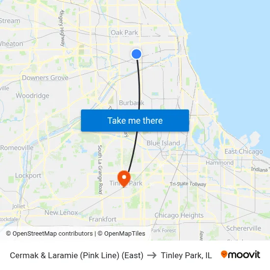 Cermak & Laramie (Pink Line) (East) to Tinley Park, IL map