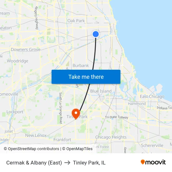 Cermak & Albany (East) to Tinley Park, IL map