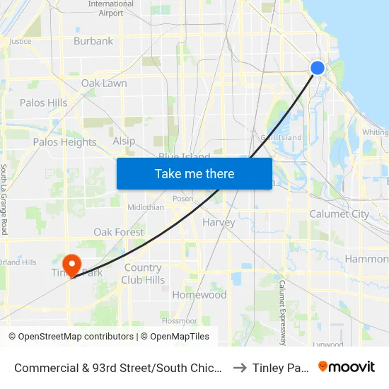 Commercial & 93rd Street/South Chicago (North) to Tinley Park, IL map