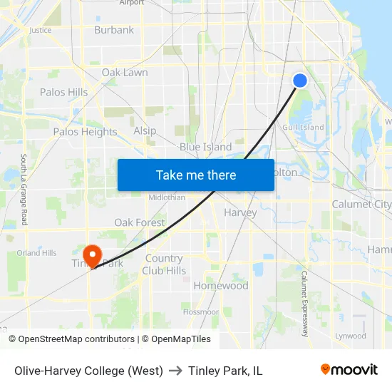 Olive-Harvey College (West) to Tinley Park, IL map