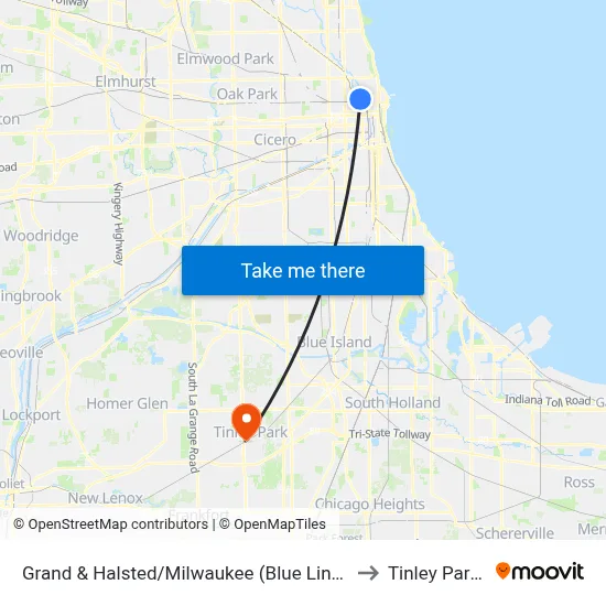 Grand & Halsted/Milwaukee (Blue Line) (East) to Tinley Park, IL map