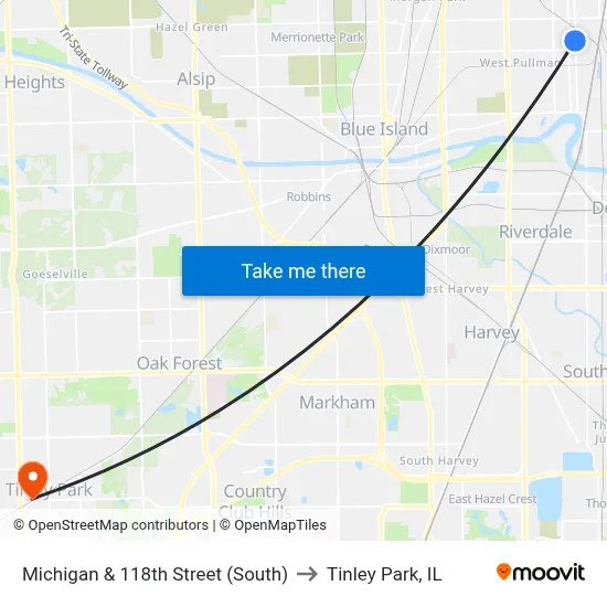 Michigan & 118th Street (South) to Tinley Park, IL map