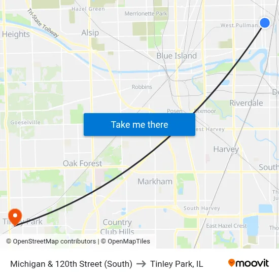 Michigan & 120th Street (South) to Tinley Park, IL map