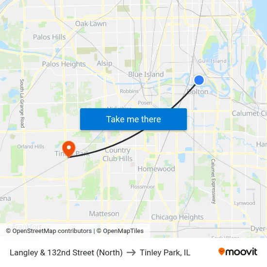 Langley & 132nd Street (North) to Tinley Park, IL map