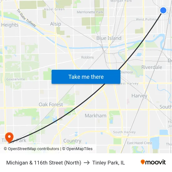 Michigan & 116th Street (North) to Tinley Park, IL map