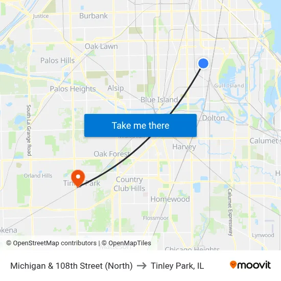 Michigan & 108th Street (North) to Tinley Park, IL map