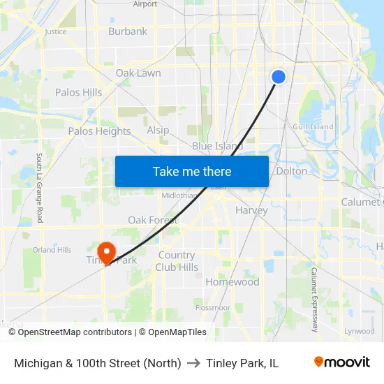 Michigan & 100th Street (North) to Tinley Park, IL map