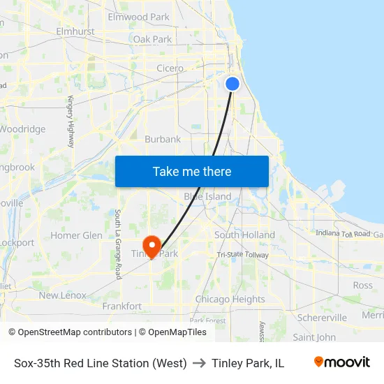 Sox-35th Red Line Station (West) to Tinley Park, IL map