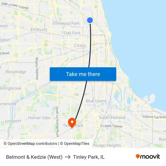 Belmont & Kedzie (West) to Tinley Park, IL map
