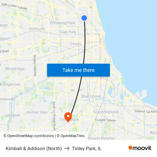 Kimball & Addison (North) to Tinley Park, IL map